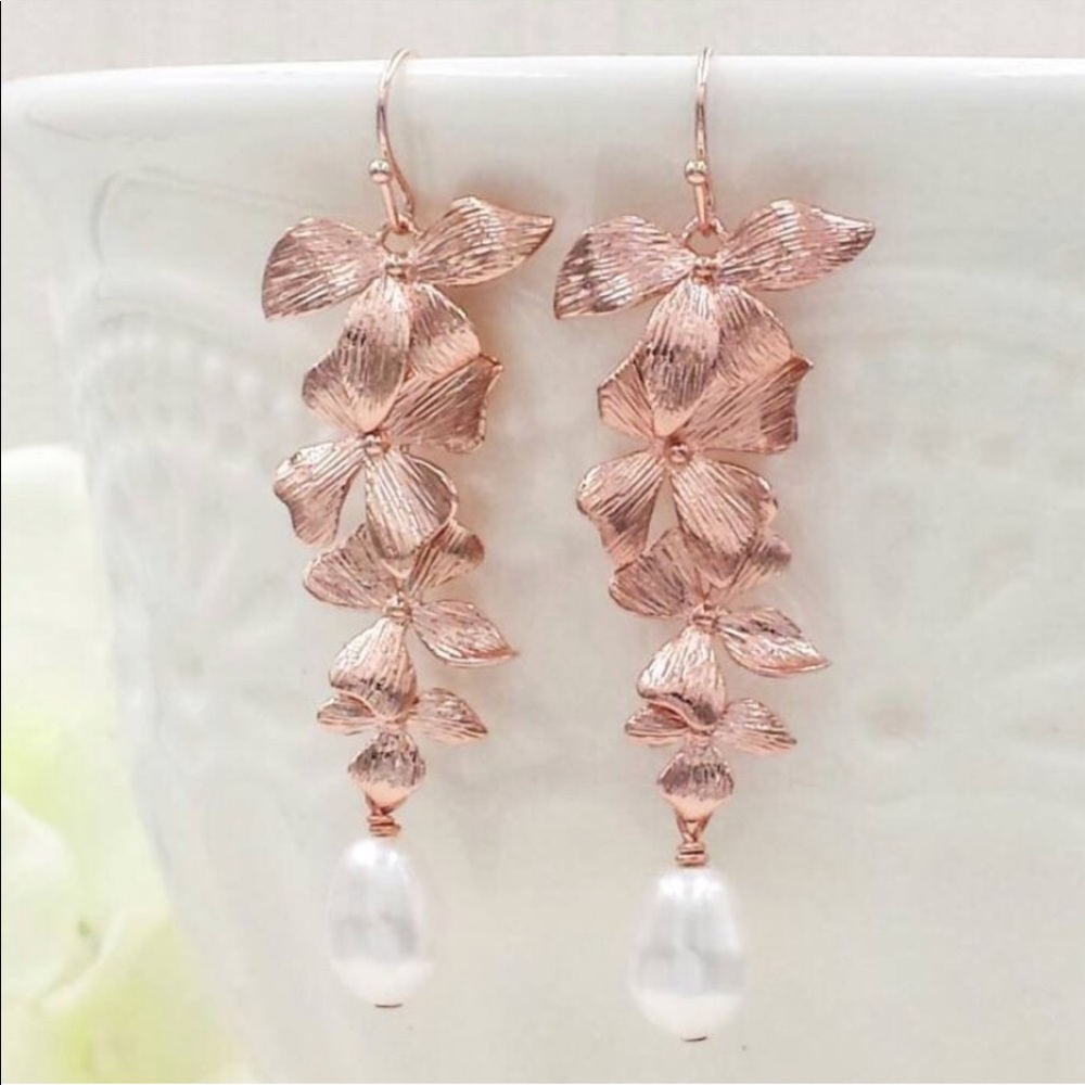 NEW! Rose Gold Orchid and Pearl Drop Earrings